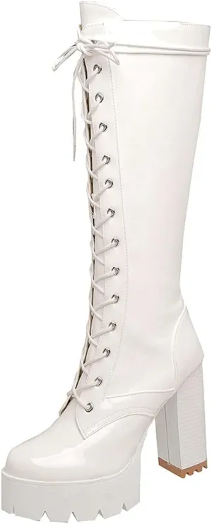 Agodor Women's Lace up Knee High Combat Boots Goth Platform Patent Leather Chunky High Heel Boots