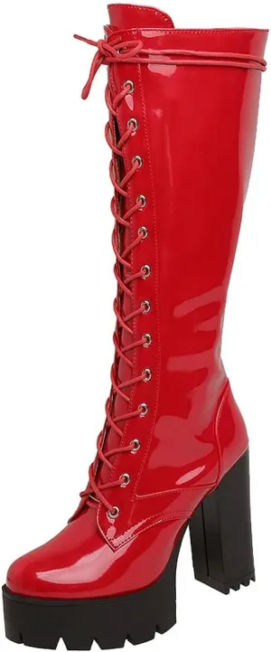 Agodor Women's Lace up Knee High Combat Boots Goth Platform Patent Leather Chunky High Heel Boots
