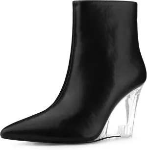 Allegra K Women's Clear Heel Pointed Toe Wedge Heels Ankle Boots