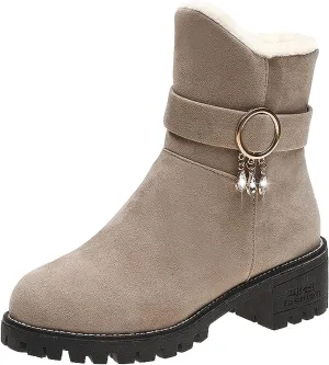 Ankle Boot for Women Fur Lined Snow Boots Round Toe Booties Leather Chunky Heel 2022 Fall & Winter Shoes Casual Boots