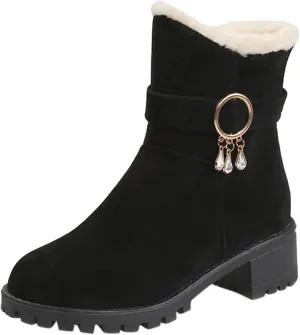 Ankle Boot for Women Fur Lined Snow Boots Round Toe Booties Leather Chunky Heel 2022 Fall & Winter Shoes Casual Boots