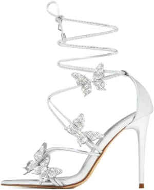 Atuelang Butterfly Heels Sparkly Rhinestone Diamond Ankle Strap Flower Strappy Heels Stiletto Heel Sandals