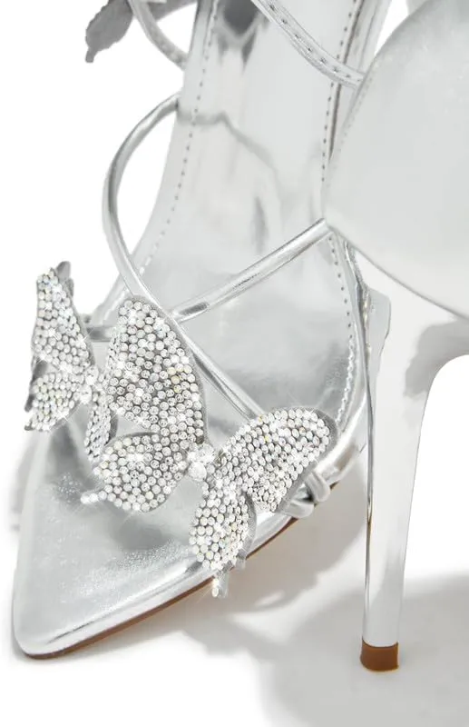 Atuelang Butterfly Heels Sparkly Rhinestone Diamond Ankle Strap Flower Strappy Heels Stiletto Heel Sandals