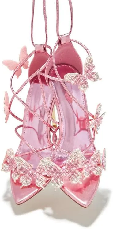 Atuelang Butterfly Heels Sparkly Rhinestone Diamond Ankle Strap Flower Strappy Heels Stiletto Heel Sandals