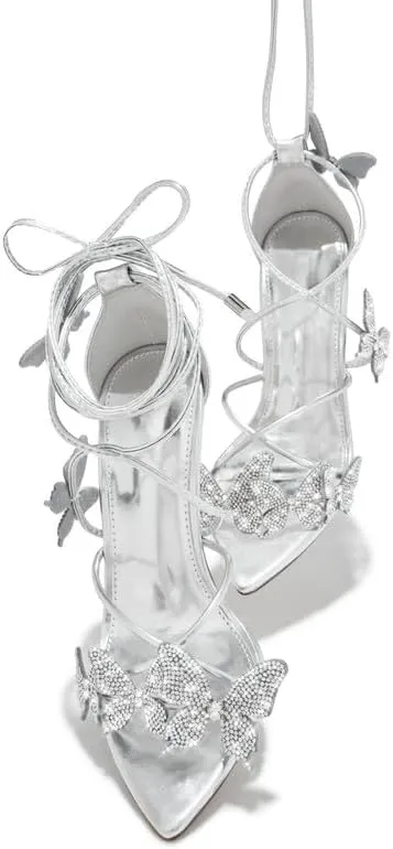 Atuelang Butterfly Heels Sparkly Rhinestone Diamond Ankle Strap Flower Strappy Heels Stiletto Heel Sandals