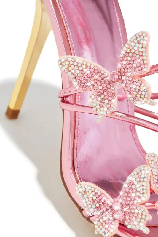 Atuelang Butterfly Heels Sparkly Rhinestone Diamond Ankle Strap Flower Strappy Heels Stiletto Heel Sandals