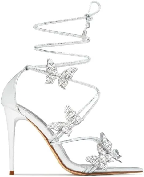 Atuelang Butterfly Heels Sparkly Rhinestone Diamond Ankle Strap Flower Strappy Heels Stiletto Heel Sandals