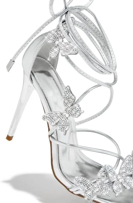 Atuelang Butterfly Heels Sparkly Rhinestone Diamond Ankle Strap Flower Strappy Heels Stiletto Heel Sandals