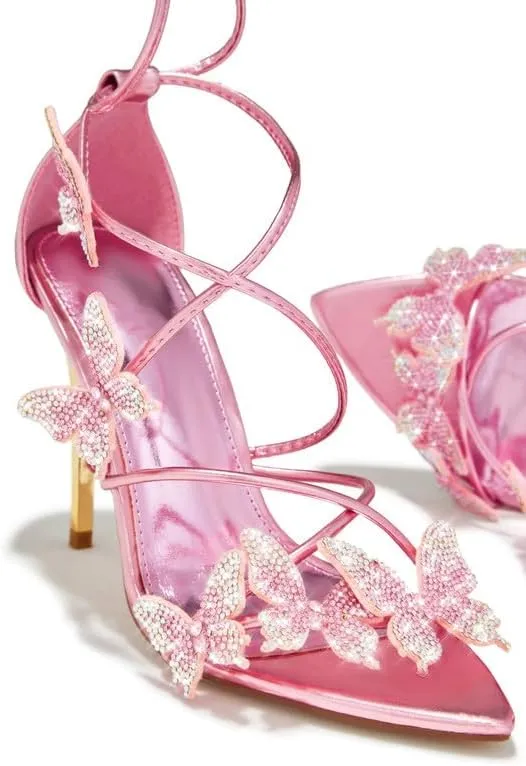 Atuelang Butterfly Heels Sparkly Rhinestone Diamond Ankle Strap Flower Strappy Heels Stiletto Heel Sandals