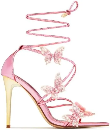 Atuelang Butterfly Heels Sparkly Rhinestone Diamond Ankle Strap Flower Strappy Heels Stiletto Heel Sandals