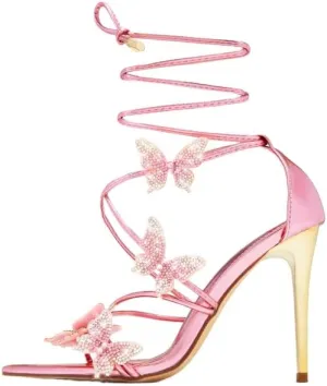 Atuelang Butterfly Heels Sparkly Rhinestone Diamond Ankle Strap Flower Strappy Heels Stiletto Heel Sandals