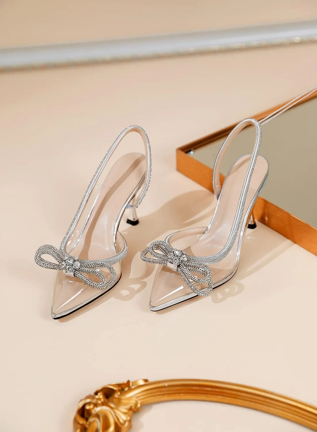 AUMOTED Women Rhinestone Bow Heels Stiletto High Heels Closed Pointed Toe Sexy Slingback Ankle Strap Pumps Wedding Bridal Dress Heeled Shoes 3.4 Inch