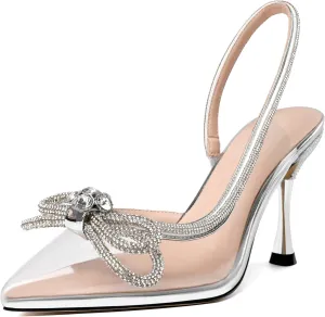 AUMOTED Women Rhinestone Bow Heels Stiletto High Heels Closed Pointed Toe Sexy Slingback Ankle Strap Pumps Wedding Bridal Dress Heeled Shoes 3.4 Inch