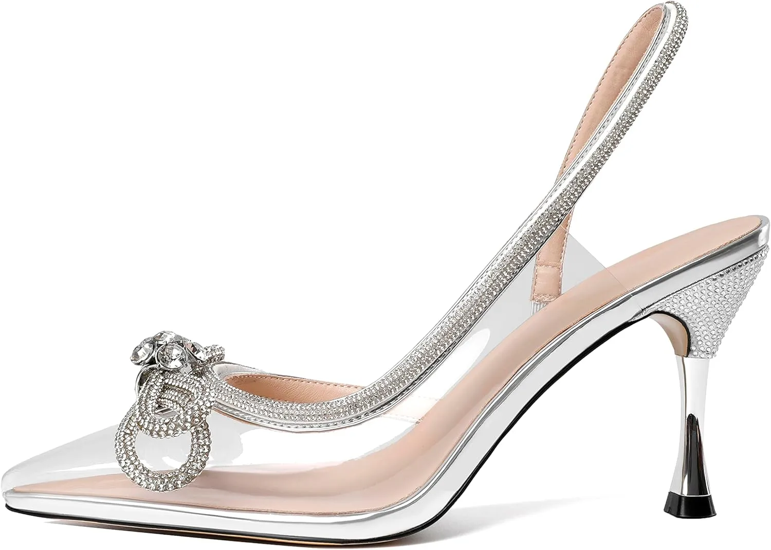 AUMOTED Women Rhinestone Bow Heels Stiletto High Heels Closed Pointed Toe Sexy Slingback Ankle Strap Pumps Wedding Bridal Dress Heeled Shoes 3.4 Inch
