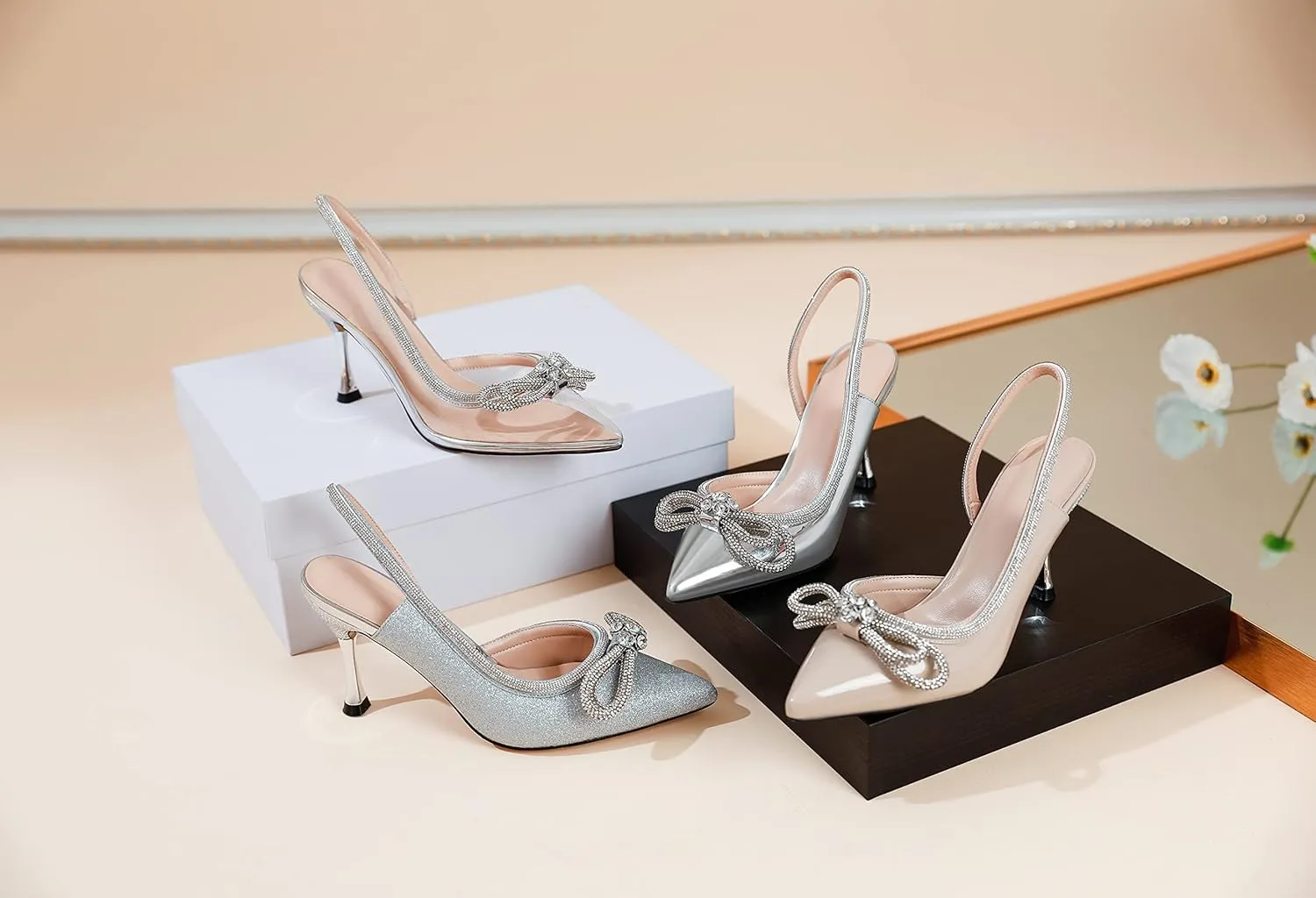 AUMOTED Women Rhinestone Bow Heels Stiletto High Heels Closed Pointed Toe Sexy Slingback Ankle Strap Pumps Wedding Bridal Dress Heeled Shoes 3.4 Inch