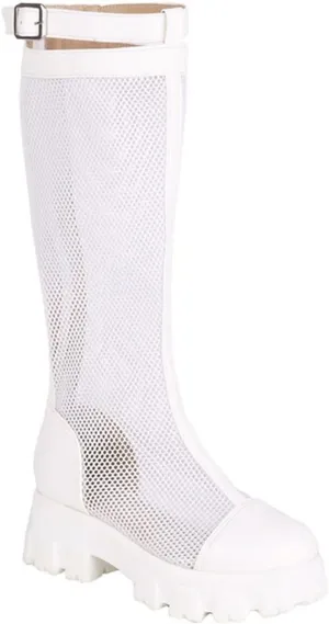 bbruriy Womens Summer mesh Platform Knee High Boots Chunky High Heel Round Toe Back Zip Punk Motorcycles Goth Combat Boots Comfort Casual Flat Shoes