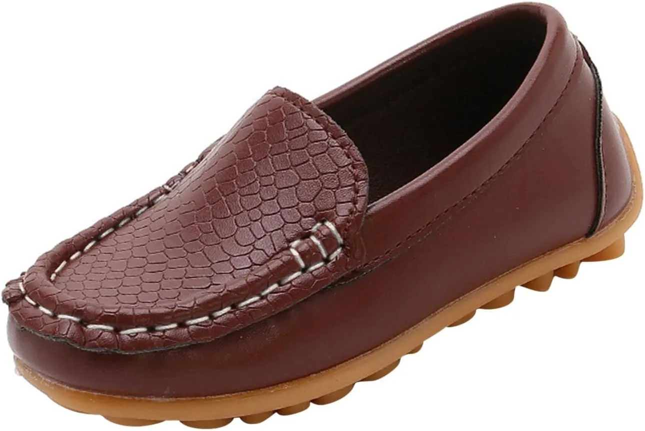 Boys Girls Leather Loafers Slip-On Texture Flat Boat Dress Soft Sole occasins School Daily Walking Shoes