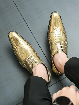 Comfortable Dress Shoes for Men Lace Up Pointed Toe Solid Color PU Leather Wingtips Patchwork Low Top Rubber Sole Resistant Non Slip Block Heel Prom