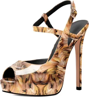 Eldof Women's Sandals Platform Heel Pumps Slingback Adjustable Buckle Peep Toe Stiletto Round Open Toe Sandal Party Wedding Dress Shoes 4.7 Inch Pumps