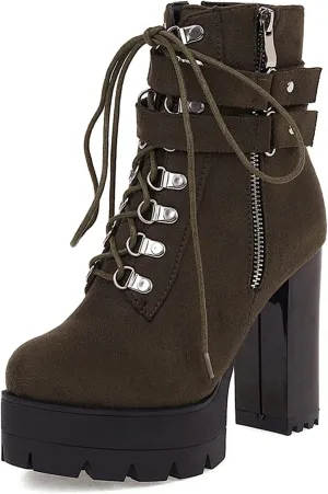 Erocalli Lace up Chunky Heel Ankle Booties for Women Block High Heel Platform Combat Boots