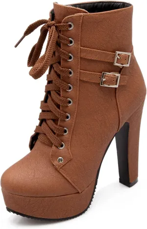 Erocalli Lace up Chunky Heel Ankle Booties for Women Block High Heel Platform Combat Boots