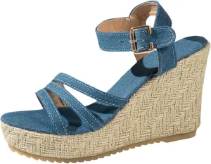 Espadrille Wedge Sandals for Women Open Toe Ankle Strap Retro Comfortable Platform Sandal Wide Width Stretch Textile Summer Dress Sandals
