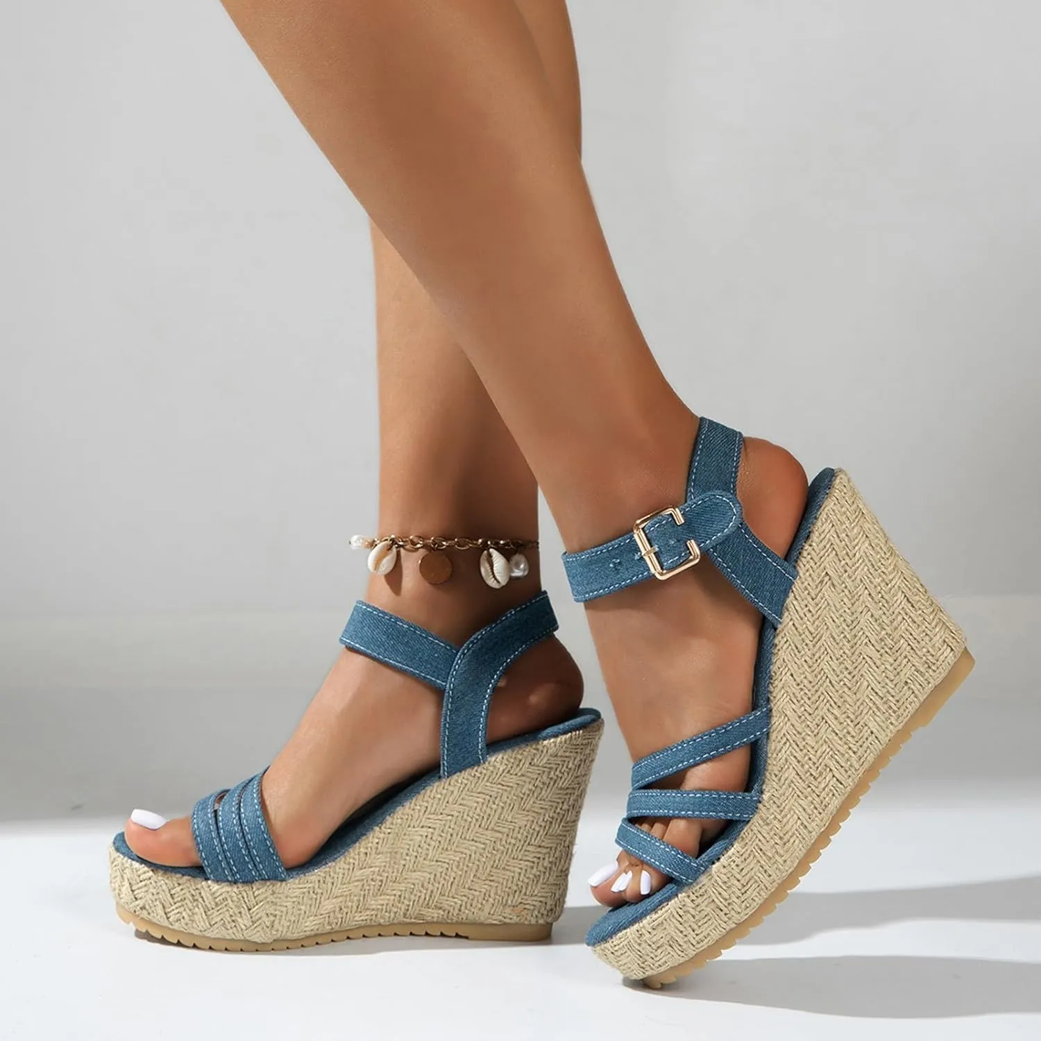Espadrille Wedge Sandals for Women Open Toe Ankle Strap Retro Comfortable Platform Sandal Wide Width Stretch Textile Summer Dress Sandals