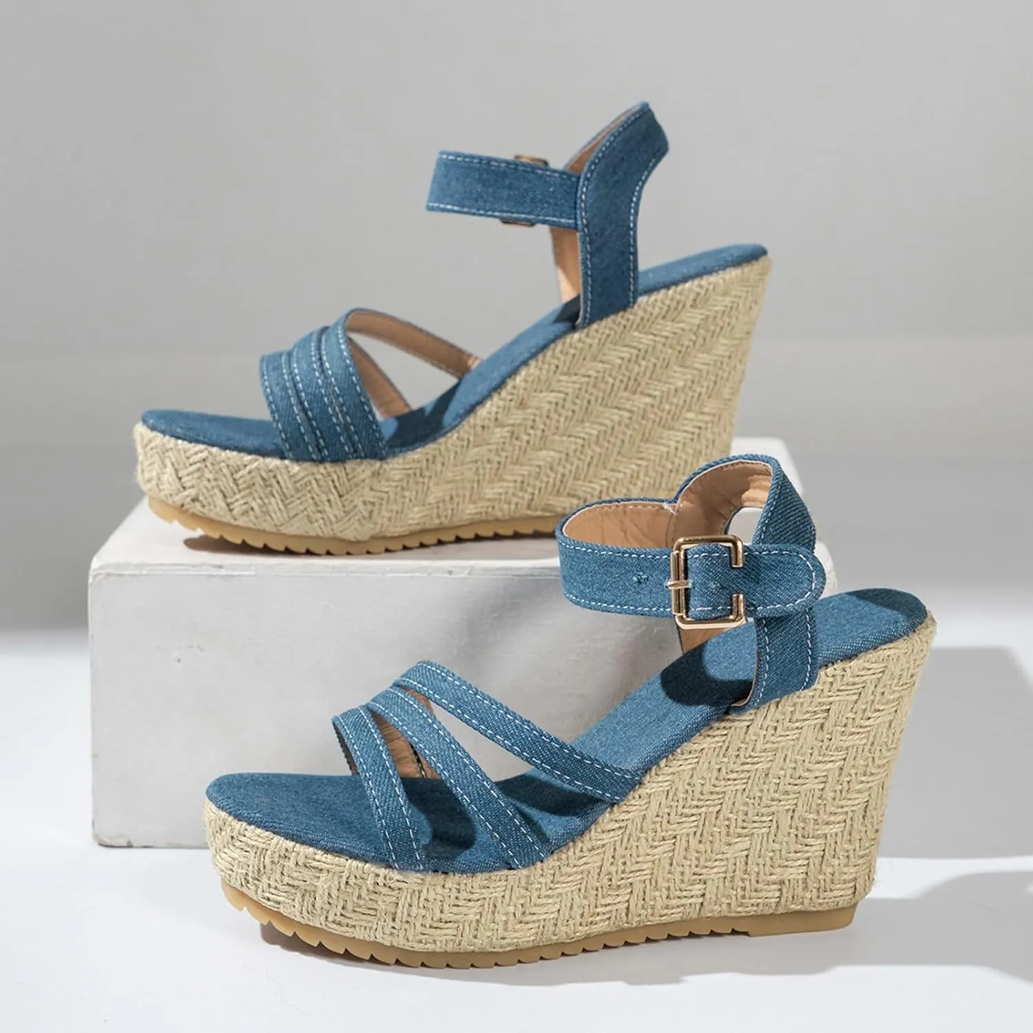 Espadrille Wedge Sandals for Women Open Toe Ankle Strap Retro Comfortable Platform Sandal Wide Width Stretch Textile Summer Dress Sandals
