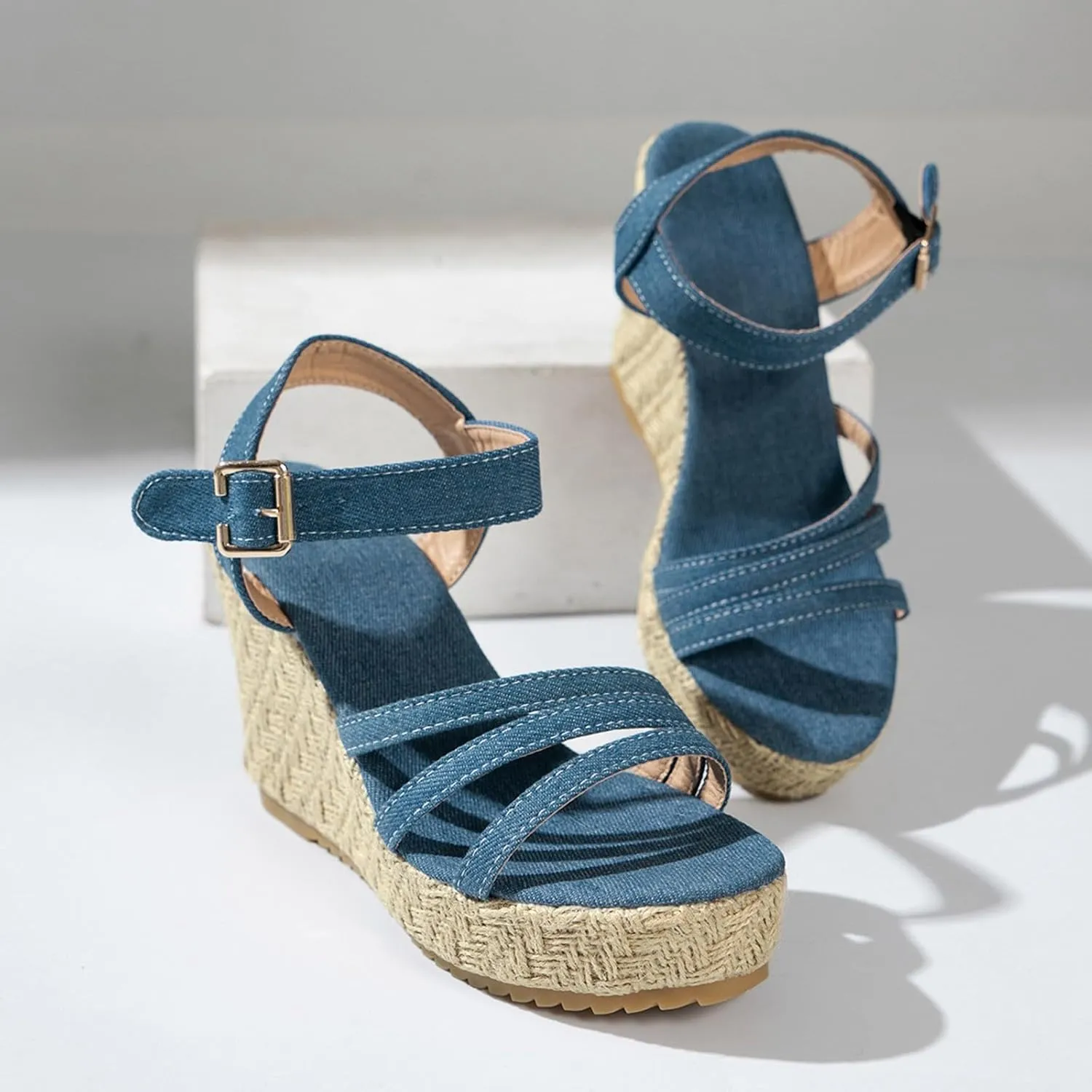 Espadrille Wedge Sandals for Women Open Toe Ankle Strap Retro Comfortable Platform Sandal Wide Width Stretch Textile Summer Dress Sandals