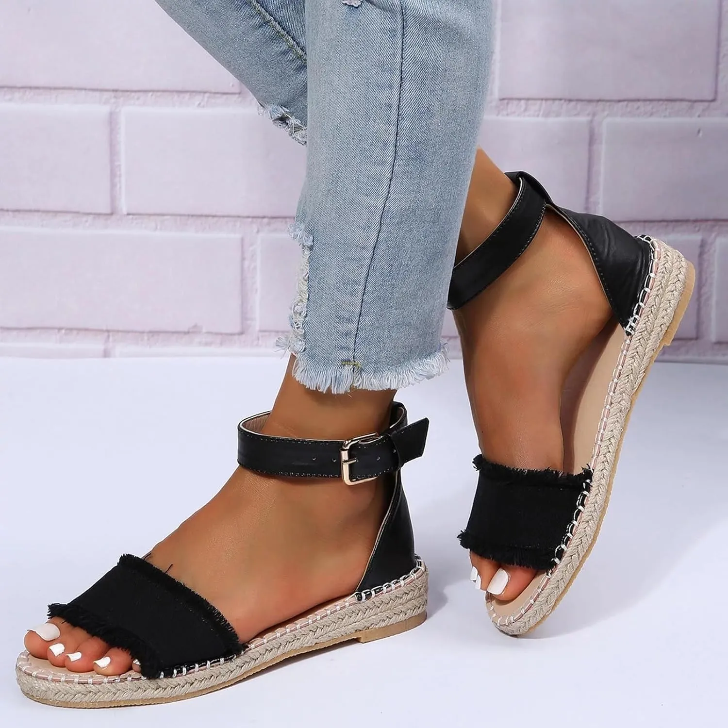 Espadrille Wedge Sandals Women Buckle Ankle Strap Open Toe Classic Comfortable Platform Sandal Wide Width Stretch Textile Dressy Summer Shoes