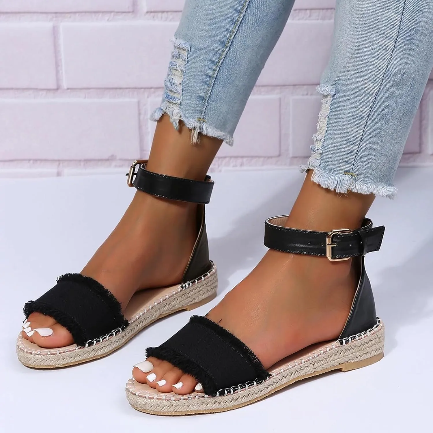 Espadrille Wedge Sandals Women Buckle Ankle Strap Open Toe Classic Comfortable Platform Sandal Wide Width Stretch Textile Dressy Summer Shoes