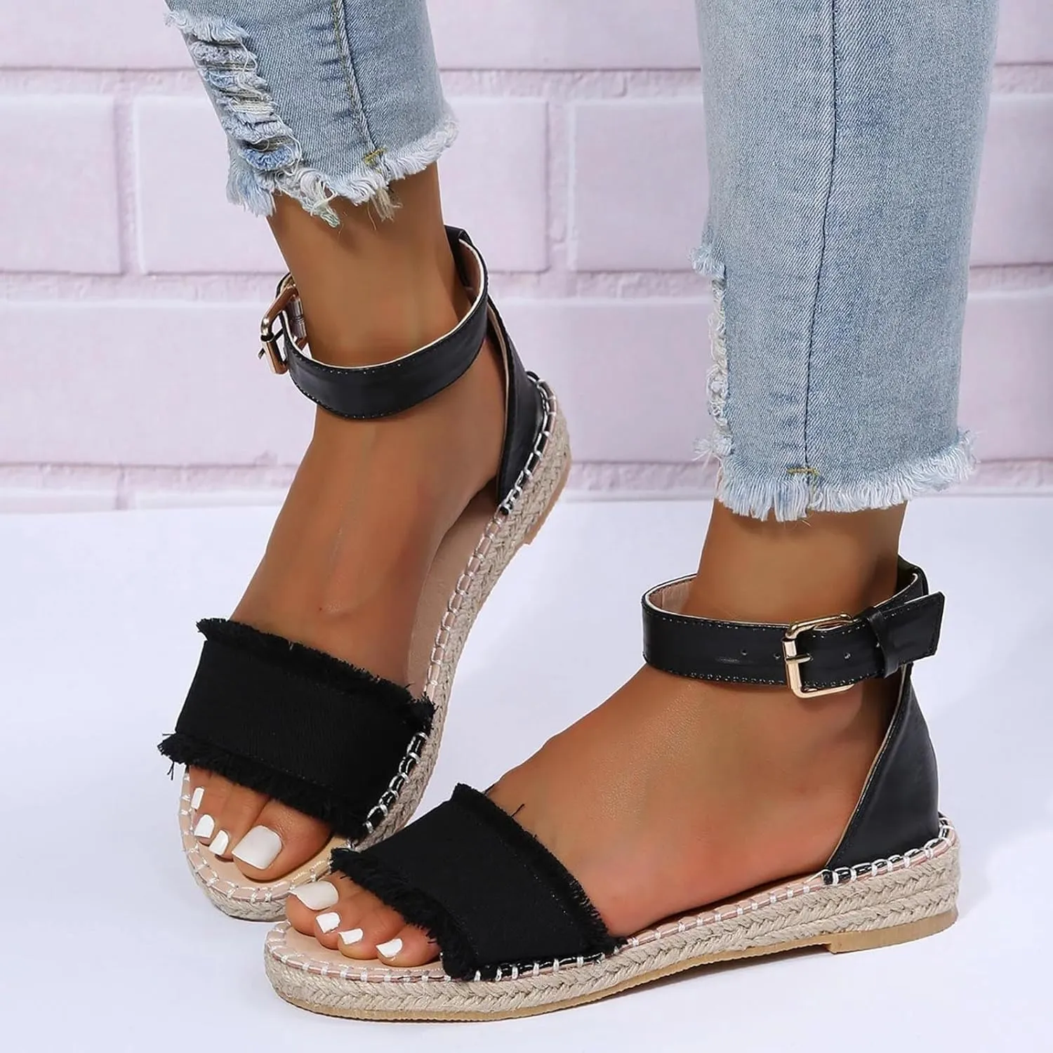 Espadrille Wedge Sandals Women Buckle Ankle Strap Open Toe Classic Comfortable Platform Sandal Wide Width Stretch Textile Dressy Summer Shoes