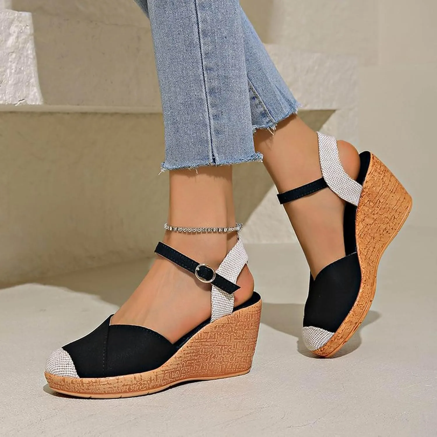 Espadrille Wedge Sandals Women Closed Toe Adjustable Strappy Comfortable Platform Sandal Wide Width Stretch Textile Beach Dressy Sandals