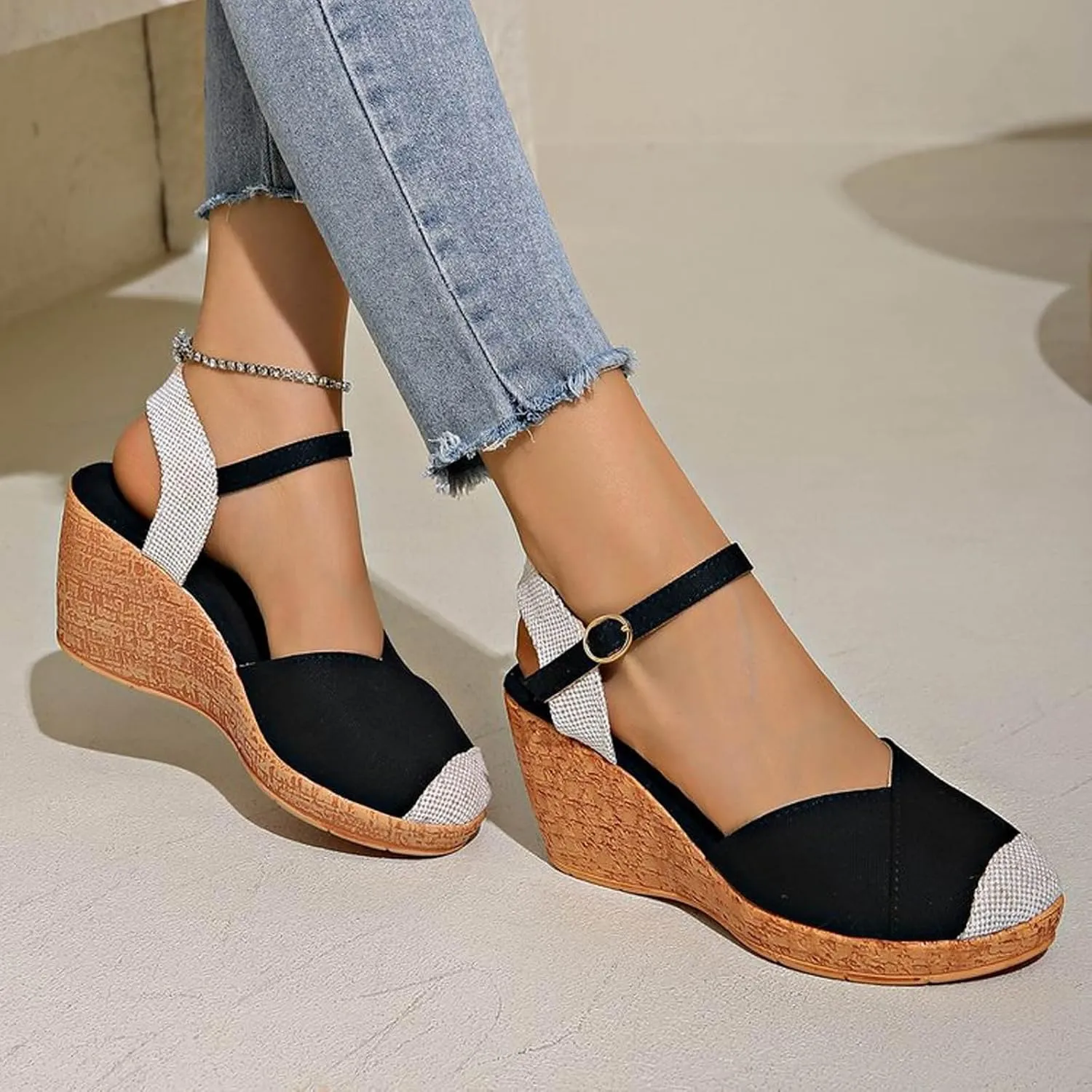Espadrille Wedge Sandals Women Closed Toe Adjustable Strappy Comfortable Platform Sandal Wide Width Stretch Textile Beach Dressy Sandals