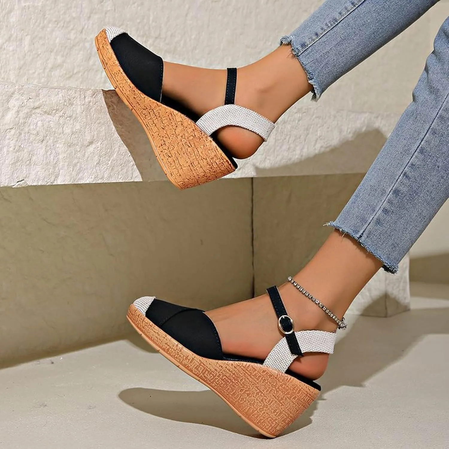 Espadrille Wedge Sandals Women Closed Toe Adjustable Strappy Comfortable Platform Sandal Wide Width Stretch Textile Beach Dressy Sandals