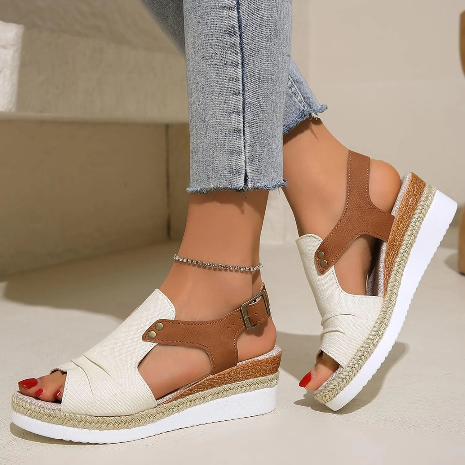 Espadrille Wedge Sandals Women Open Toe Adjustable Strappy Lightweight Platform Sandals Wide Width Stretch Textile Dressy Summer Shoes