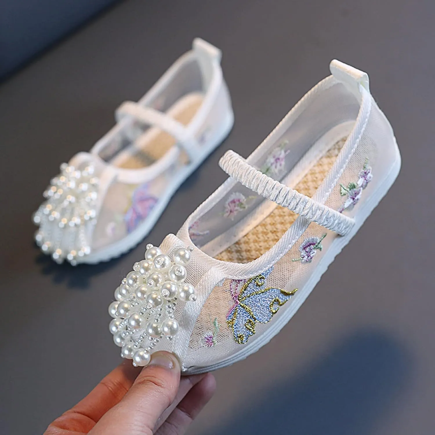 Girls Floral Embroidered Canvas Shoes Casual Round Toe Mary Jane Ballet Yoga Flats Slip On Shoes for Toddler
