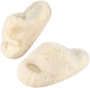 Girls Fuzzy Memory Foam Slippers Comfy丨Kids Fluffy Plush Open Toe House Slippers丨Slip On Furry Home Slides丨Indoor Outdoor Fur Flip Flop