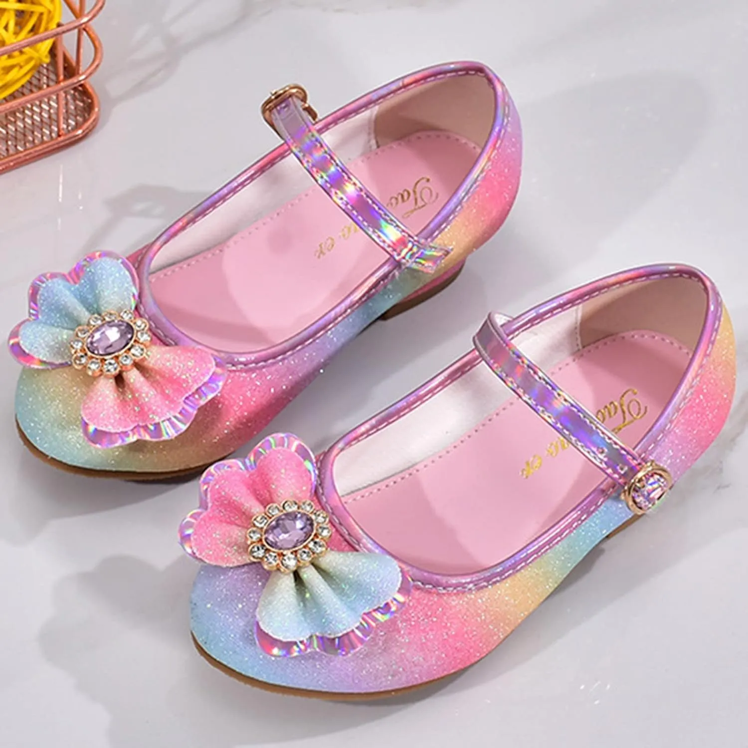 Girls Mary Jane Shoes Glitter Bow Sequin Wedding Party Dress Shoes Slip On Ankle Strap Pumps For Toddler
