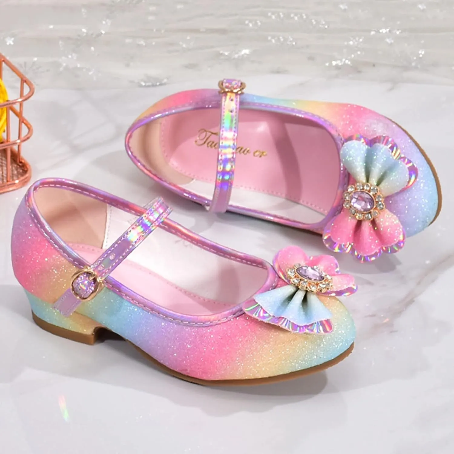 Girls Mary Jane Shoes Glitter Bow Sequin Wedding Party Dress Shoes Slip On Ankle Strap Pumps For Toddler