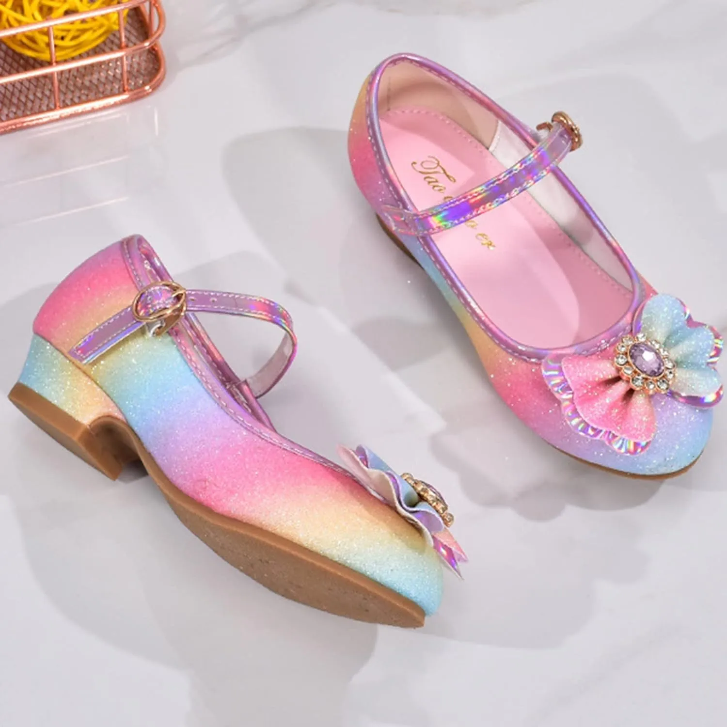 Girls Mary Jane Shoes Glitter Bow Sequin Wedding Party Dress Shoes Slip On Ankle Strap Pumps For Toddler