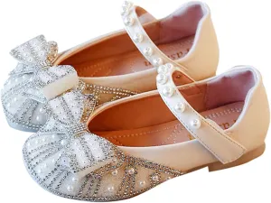 Girls Mary Jane Shoes Sparkl Bow Pearl Sequins Ballet Flats for Wedding Party School Ankle Strap Slip On Sandals