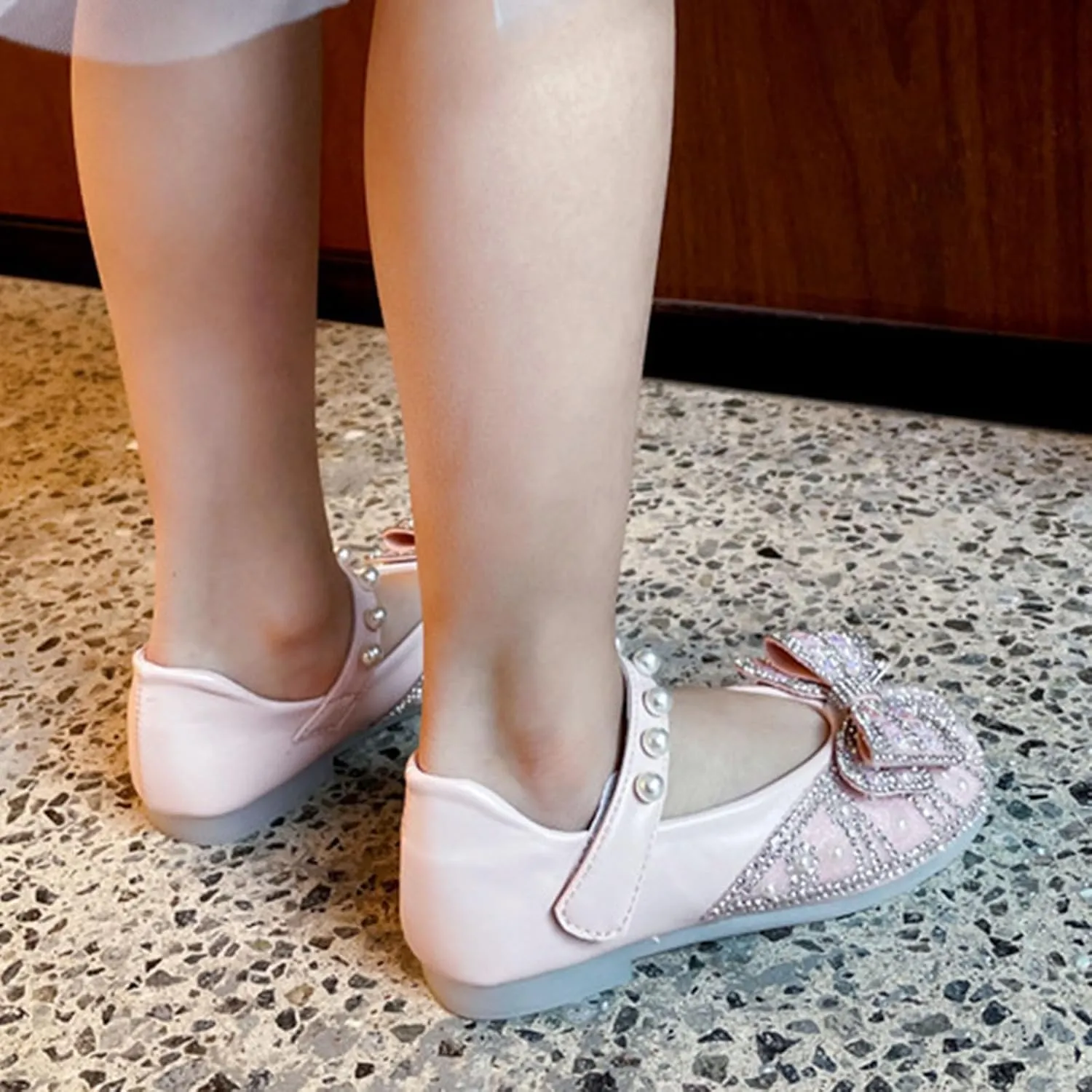 Girls Mary Jane Shoes Sparkl Bow Pearl Sequins Ballet Flats for Wedding Party School Ankle Strap Slip On Sandals