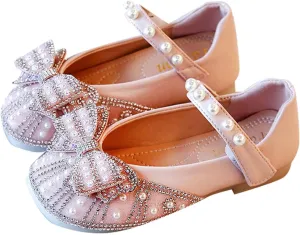 Girls Mary Jane Shoes Sparkl Bow Pearl Sequins Ballet Flats for Wedding Party School Ankle Strap Slip On Sandals