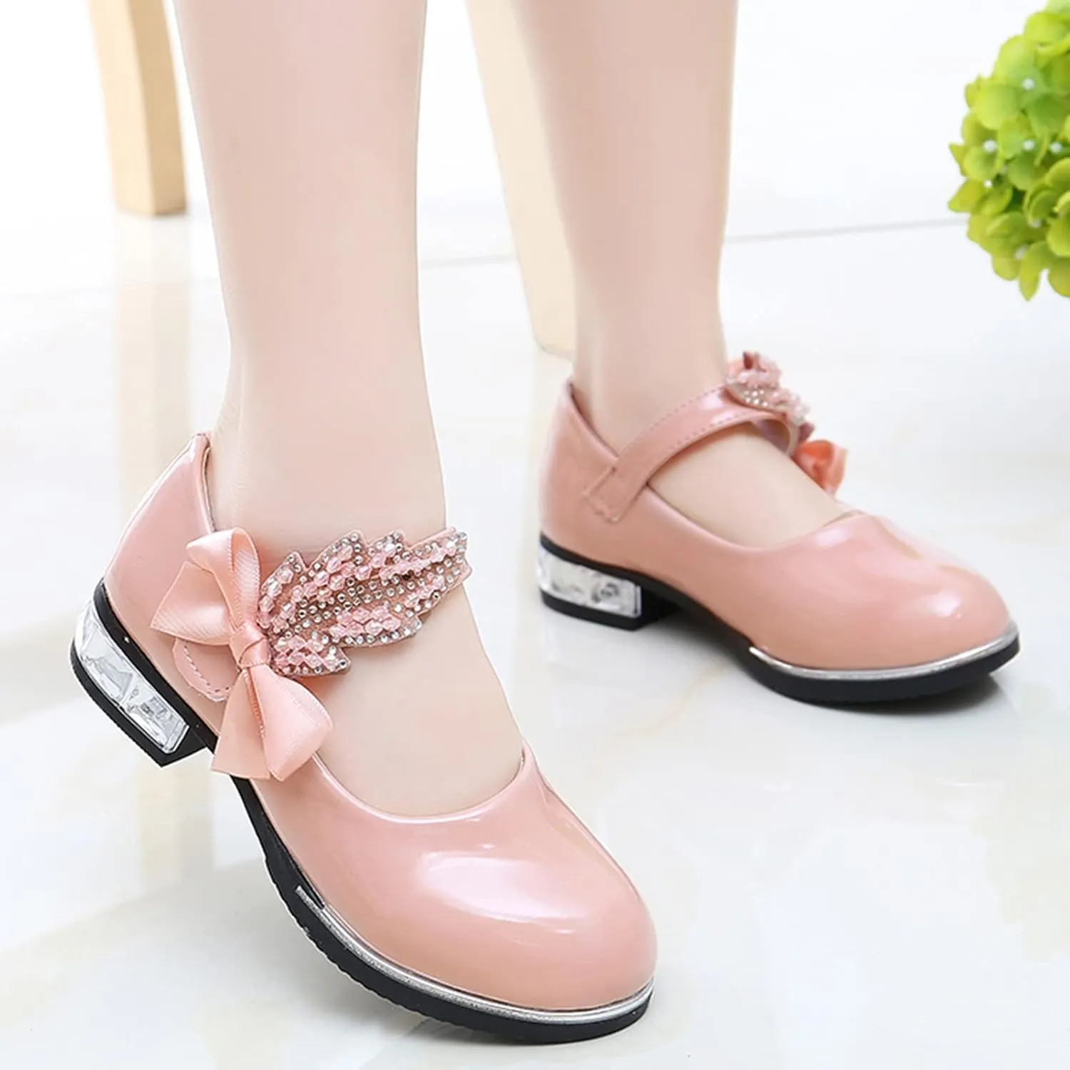 Girls Mary Jane Shoes Toddler Bowknot Pearl Flower Dress Shoes Low Heel Slip on Wedding Party Ballet Flats