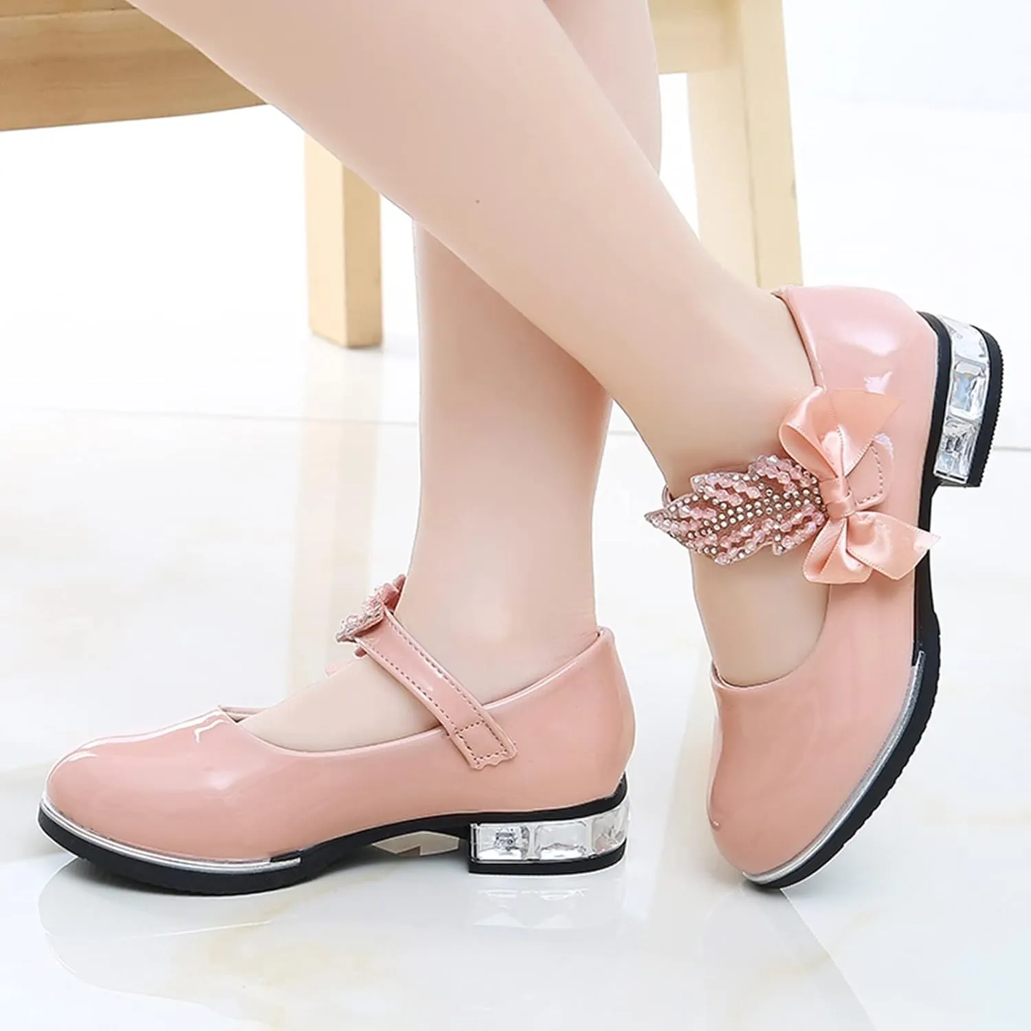 Girls Mary Jane Shoes Toddler Bowknot Pearl Flower Dress Shoes Low Heel Slip on Wedding Party Ballet Flats
