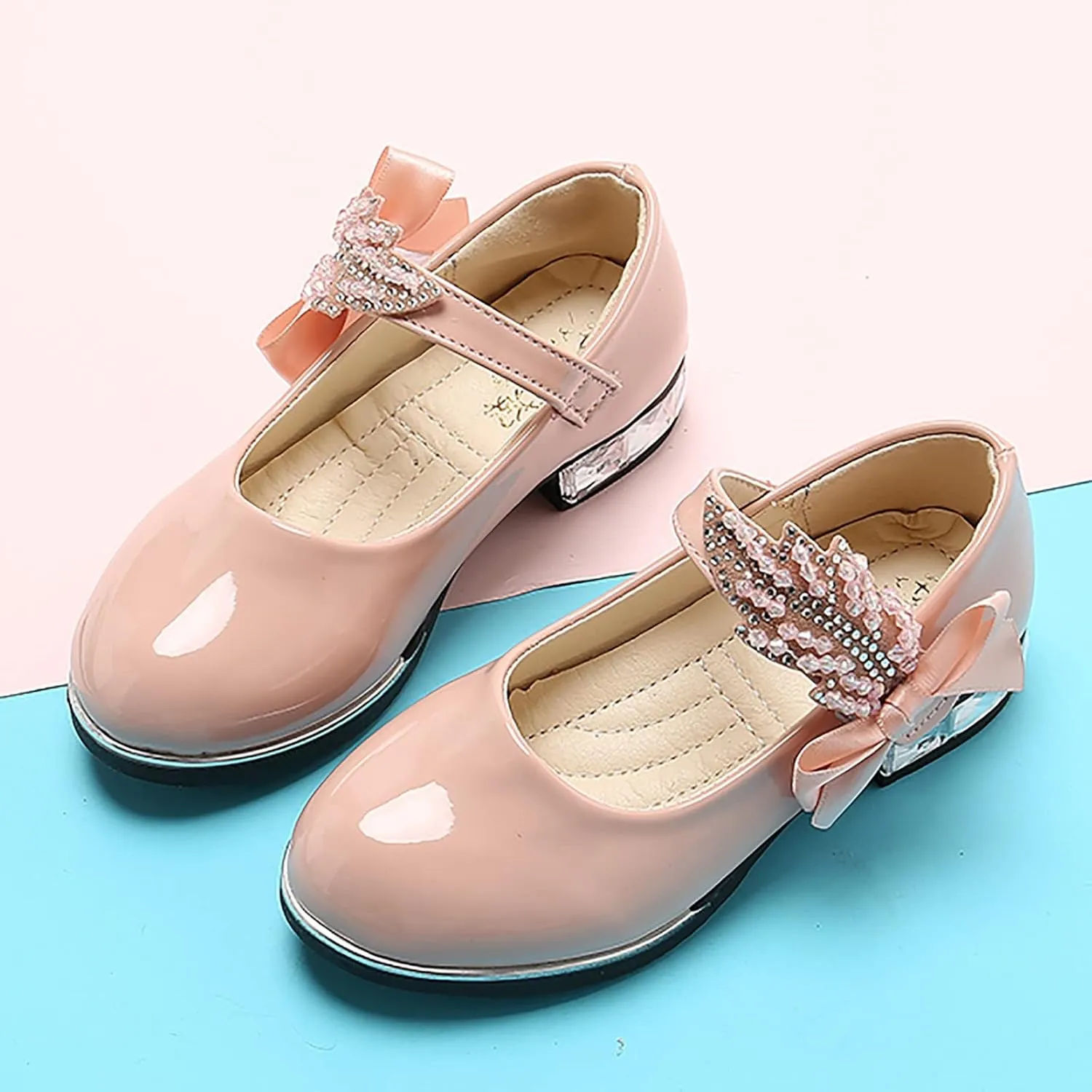 Girls Mary Jane Shoes Toddler Bowknot Pearl Flower Dress Shoes Low Heel Slip on Wedding Party Ballet Flats