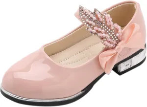 Girls Mary Jane Shoes Toddler Bowknot Pearl Flower Dress Shoes Low Heel Slip on Wedding Party Ballet Flats