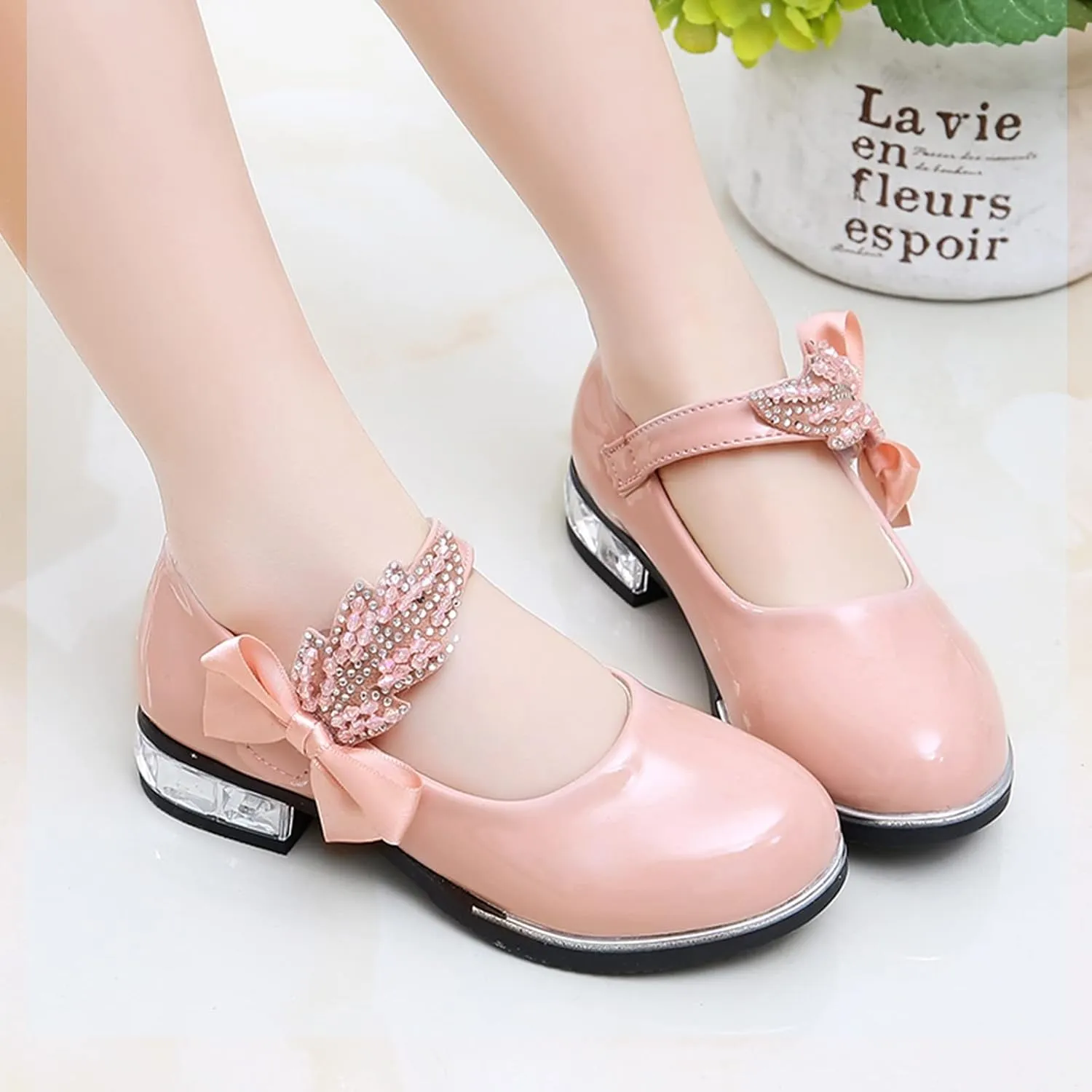 Girls Mary Jane Shoes Toddler Bowknot Pearl Flower Dress Shoes Low Heel Slip on Wedding Party Ballet Flats