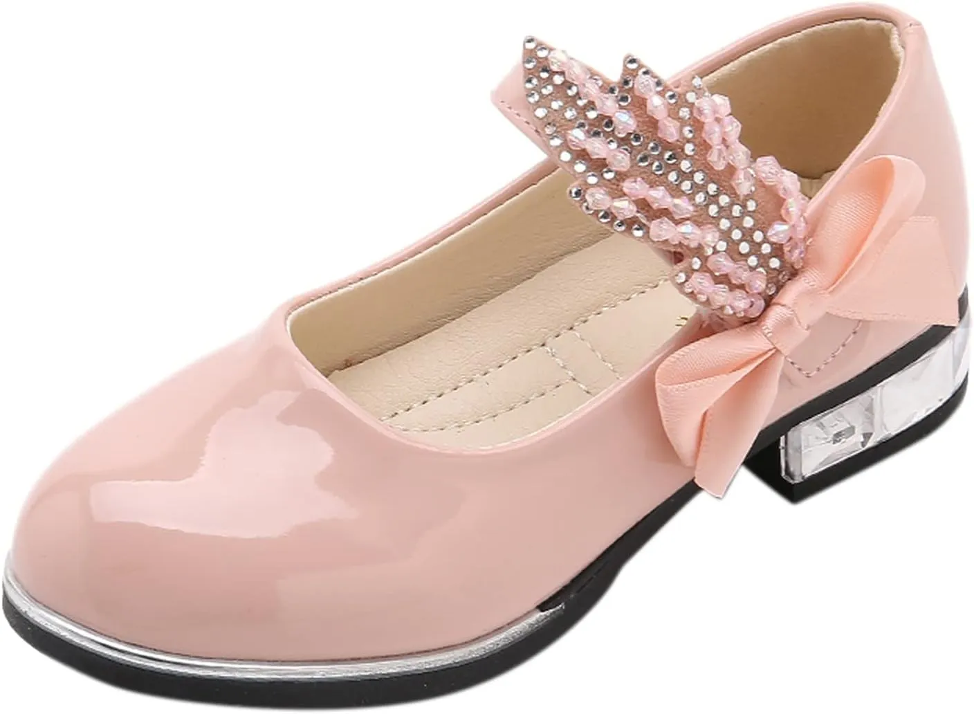 Girls Mary Jane Shoes Toddler Bowknot Pearl Flower Dress Shoes Low Heel Slip on Wedding Party Ballet Flats